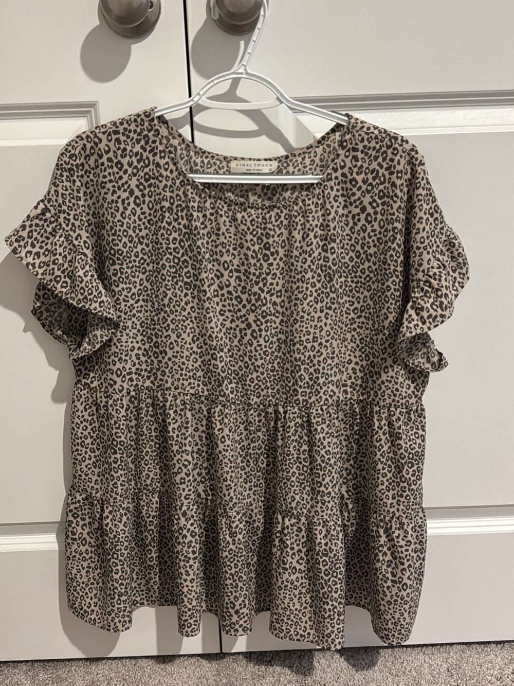 Final Touch Taupe and Black Leopard Ruffle Short Sleeve Blouse